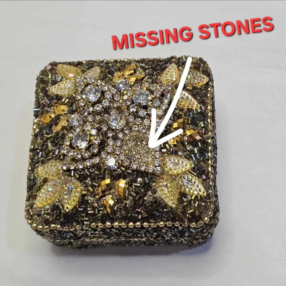 BOHO Gold & Colored Beads - Beaded Metal Trinket Box Small Vintage ** READ **